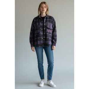 Marvel Women’s Shacket Medium Black Panther Wakanda Forever Purple Plaid Flannel
